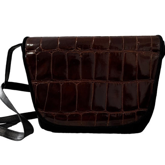 90s VINTAGE STUART WEITZMAN CROSSBODY BAG IN LEATHER/SUEDE AND BROWN CROC FLAP - Picture 1 of 11